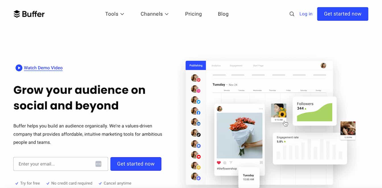 Buffer homepage with a preview of the dashboard and text that reads "grow your audience on social and beyond"