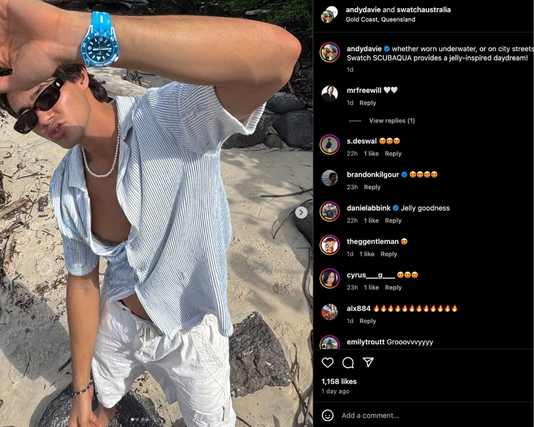 Andrew Davie posts photos to Instagram wearing the Swatch SCUBAQUA as a paid promotion
