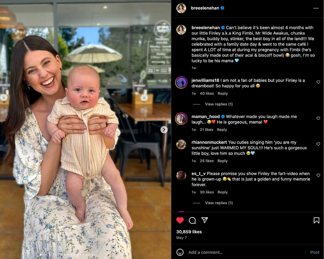Bree Lenehan shares a photo holding her baby boy with her Instagram audience