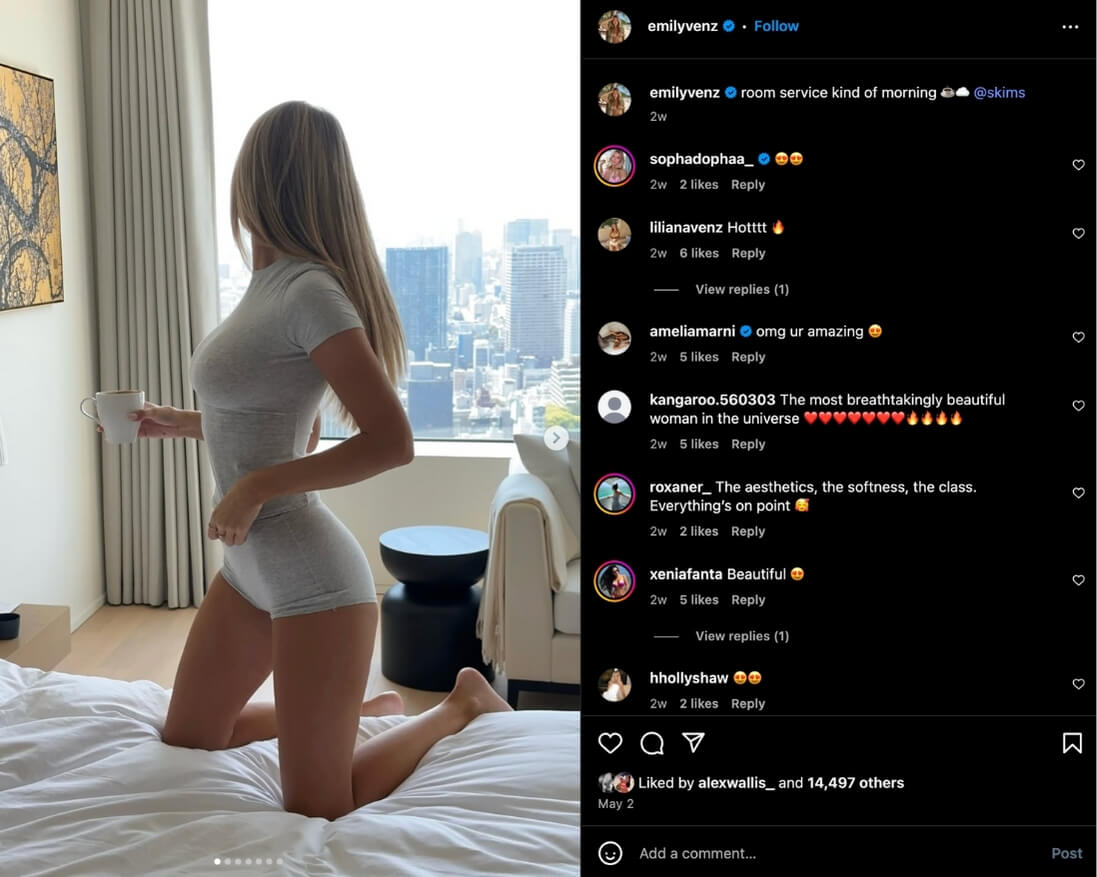 Emily Venz poses in a matching grey SKIMS ensemble in a series of Instagram photos