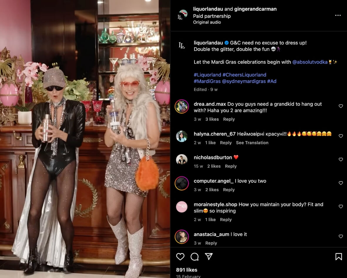 Ginger and Carman dressed in disco attire as part of a Mardi Gras paid partnership with Liquorland on Instagram