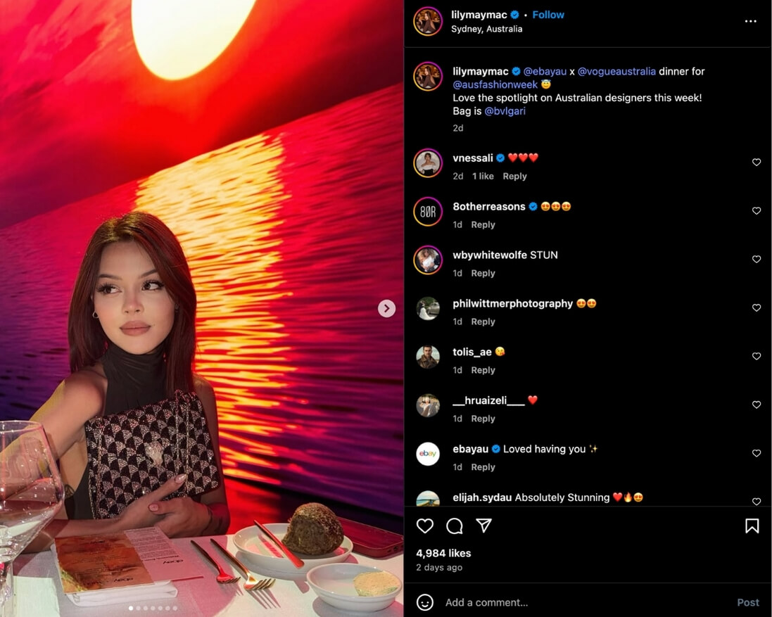 Lily May Mac shares a series of photos of dining out during AFW on Instagram