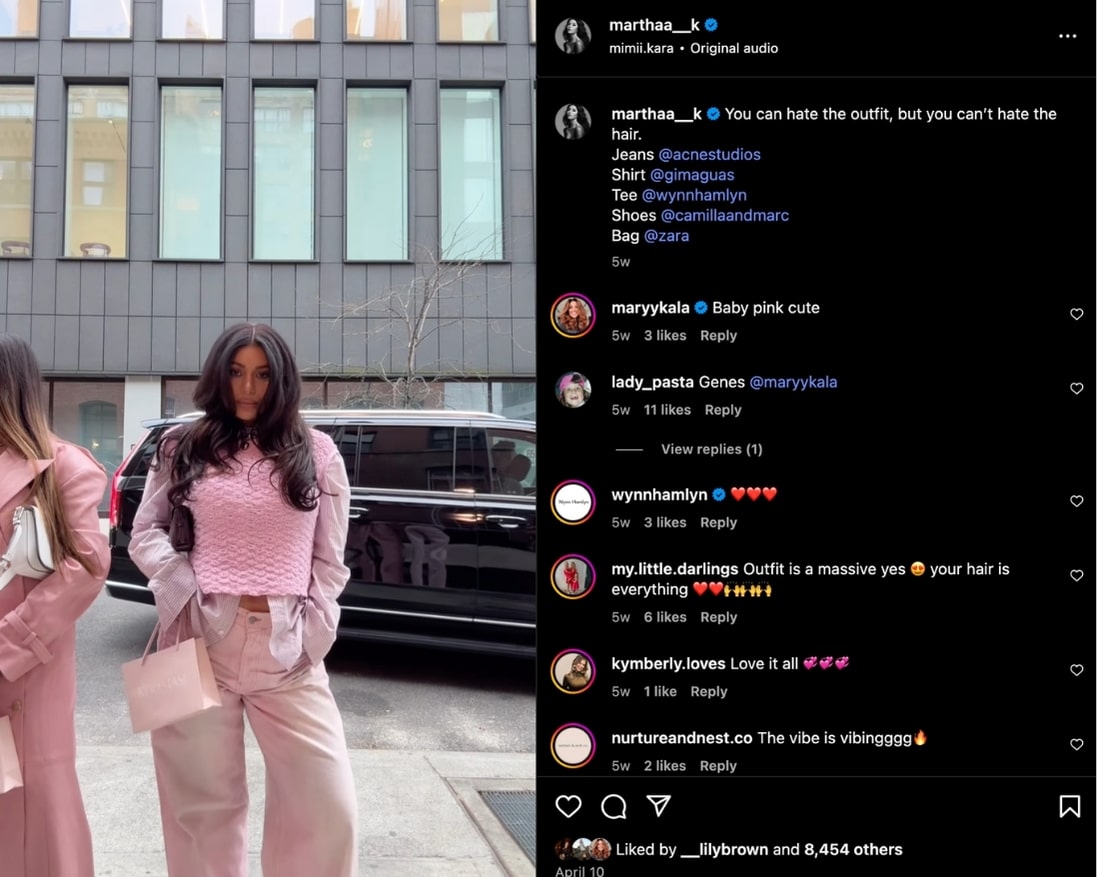 Martha K poses in an Instagram Reel wearing all pink and tagging several brands