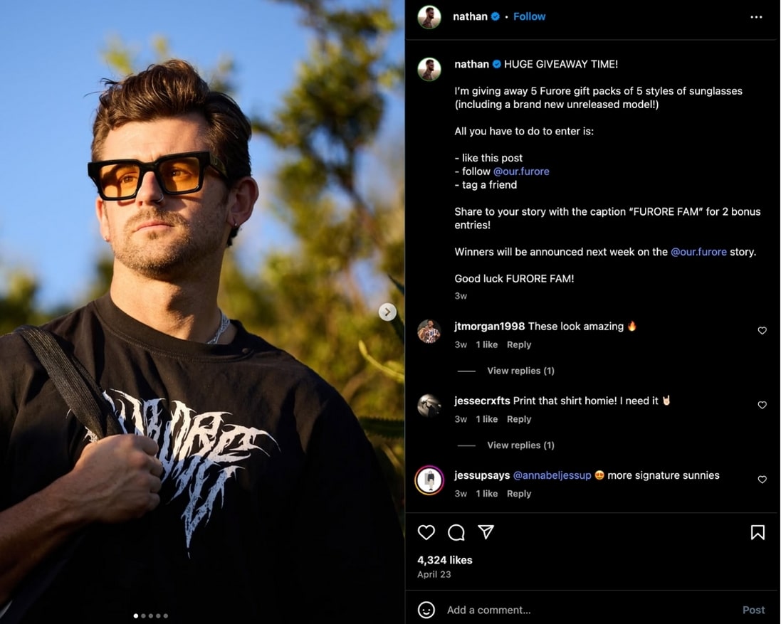 Nathan McCallum posts a giveaway in collaboration with his sunglass brand, Furore