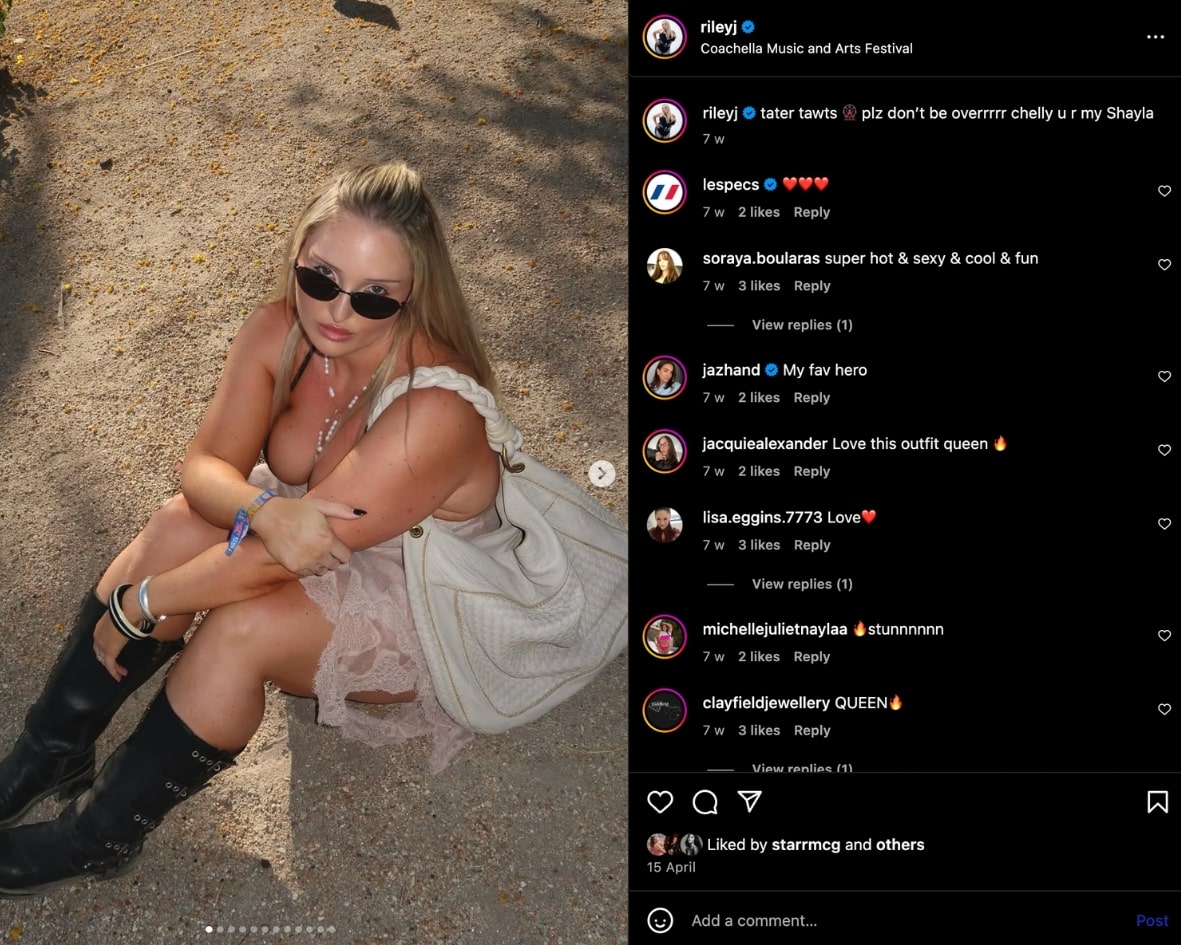 Riley Hemson shares an Instagram carousel wearing black boots and a pink lacy dress at Coachella