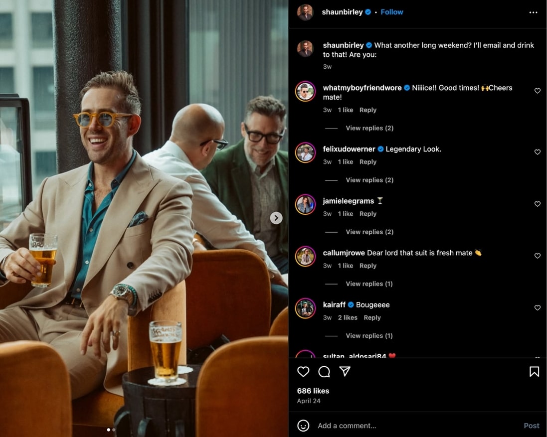 Shaun Birley shares a photo dressed in a beige suit and drinking a schooner of beer to his Instagram