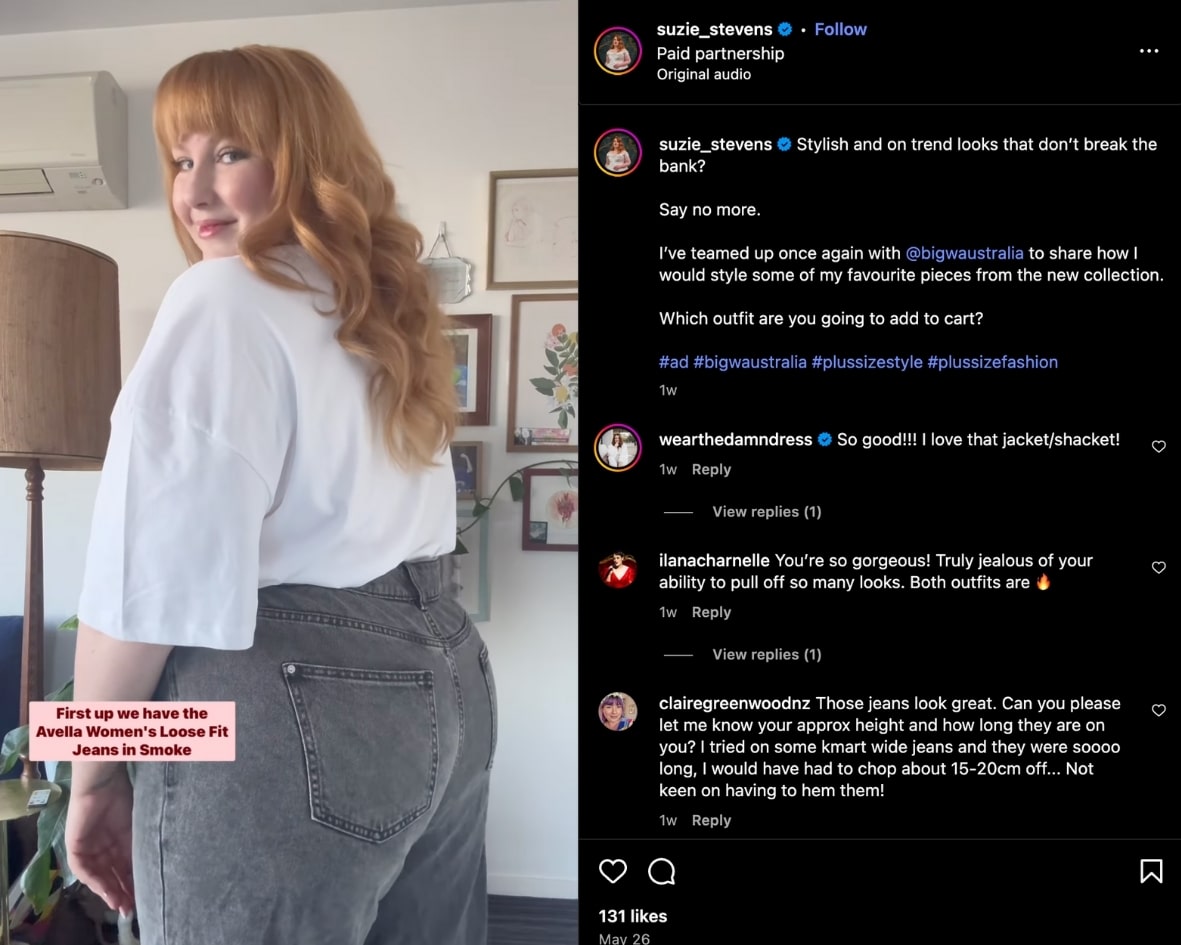 Suzie Stevens poses in a pair of jeans from Big W as part of a paid partnership on Instagram