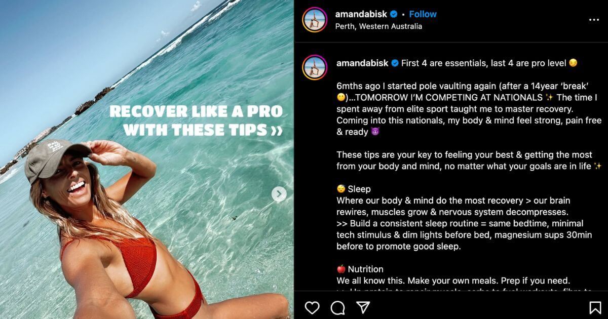 Amanda Bisk shares a carousel of images on Instagram, promoting 8 professional recovery tips