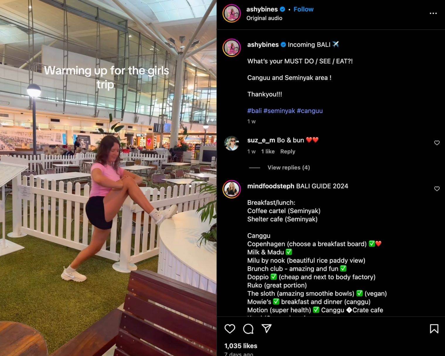 An Instagram Reel shows Ashy Bines and her friends stretching in an international airport, preparing for their Bali trip