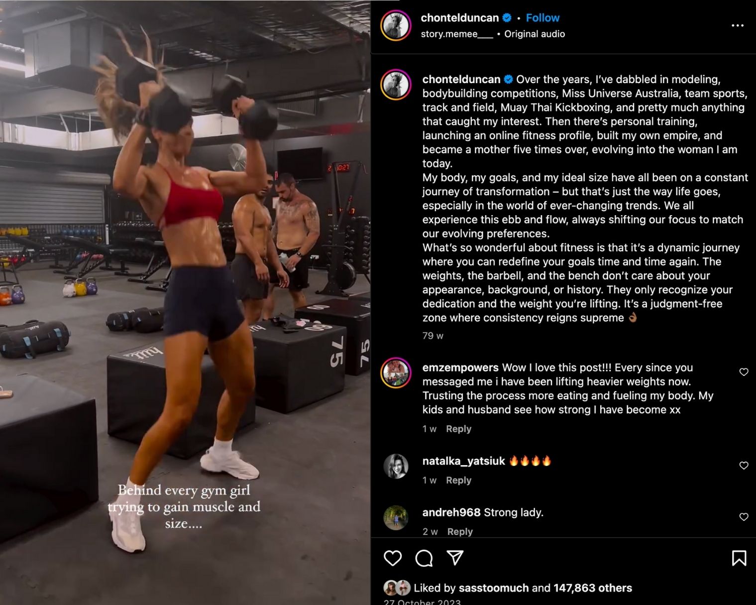 Chontel Duncan shares an Instagram Reel showing her working out in a gym and reflecting on her fitness journey