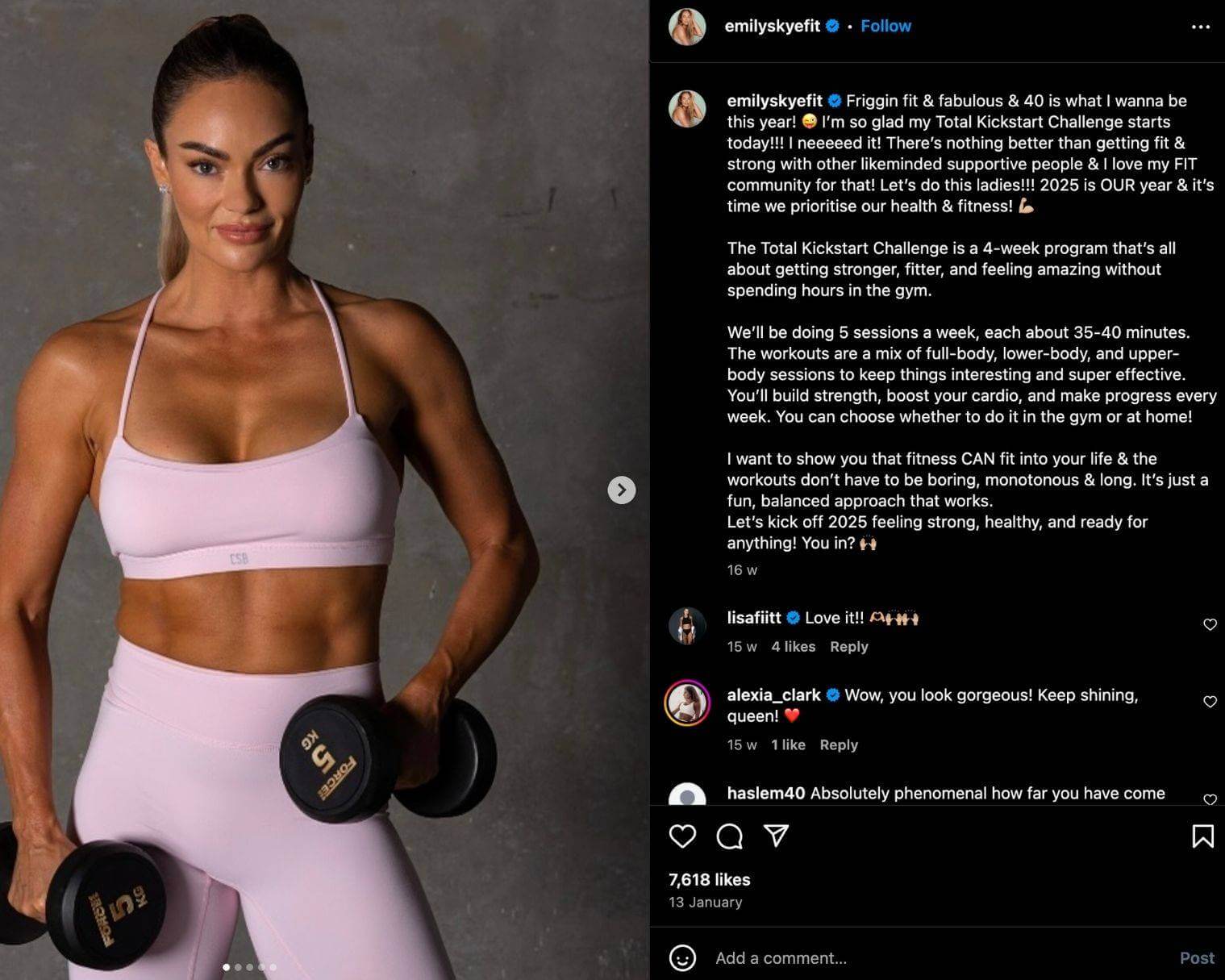 Emily Skye poses in a matching pink workout set with 5kg dumbbells in a carousel of Instagram photos