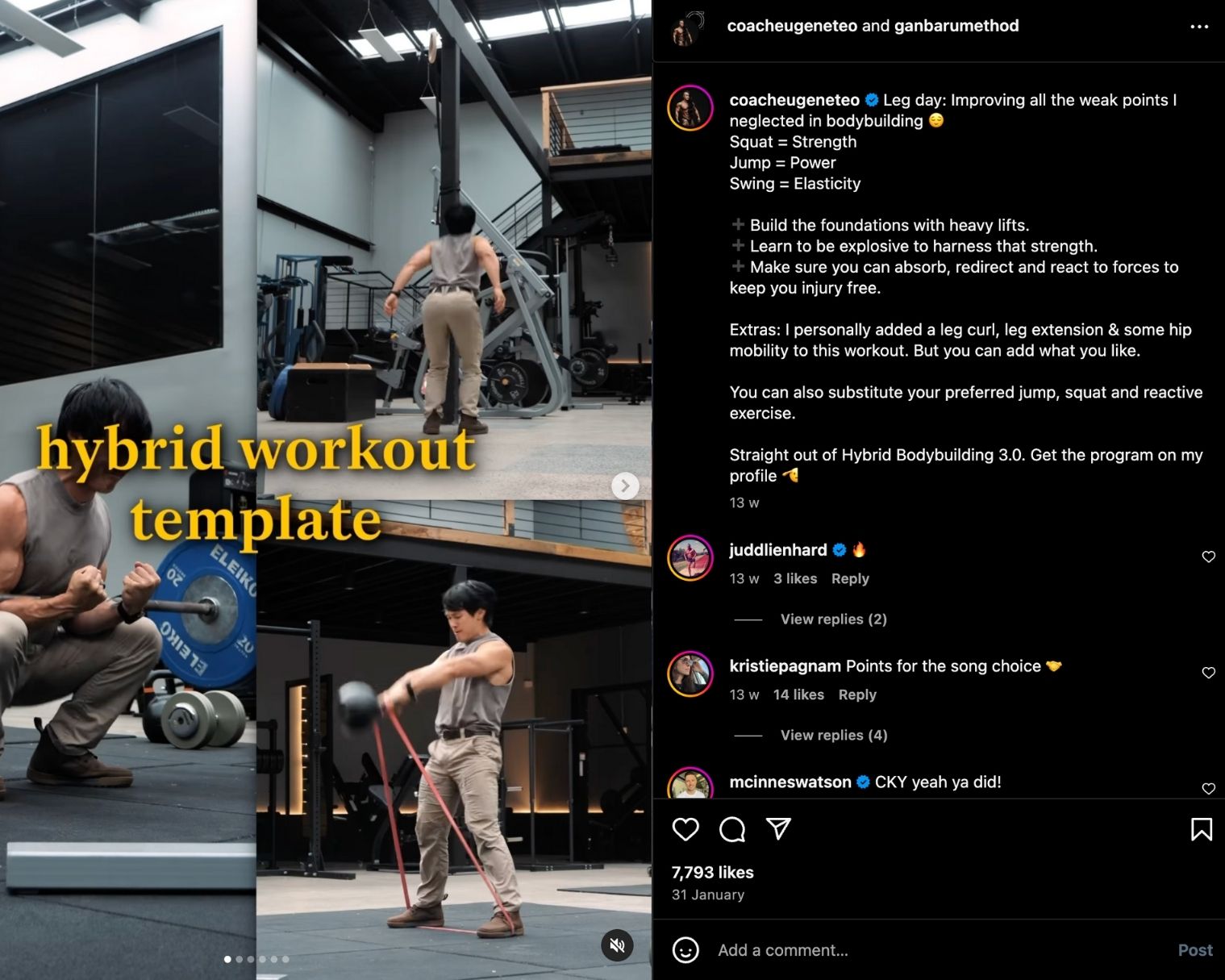 Eugene Teo shares a follow-along, hybrid workout as an Instagram carousel with his followers