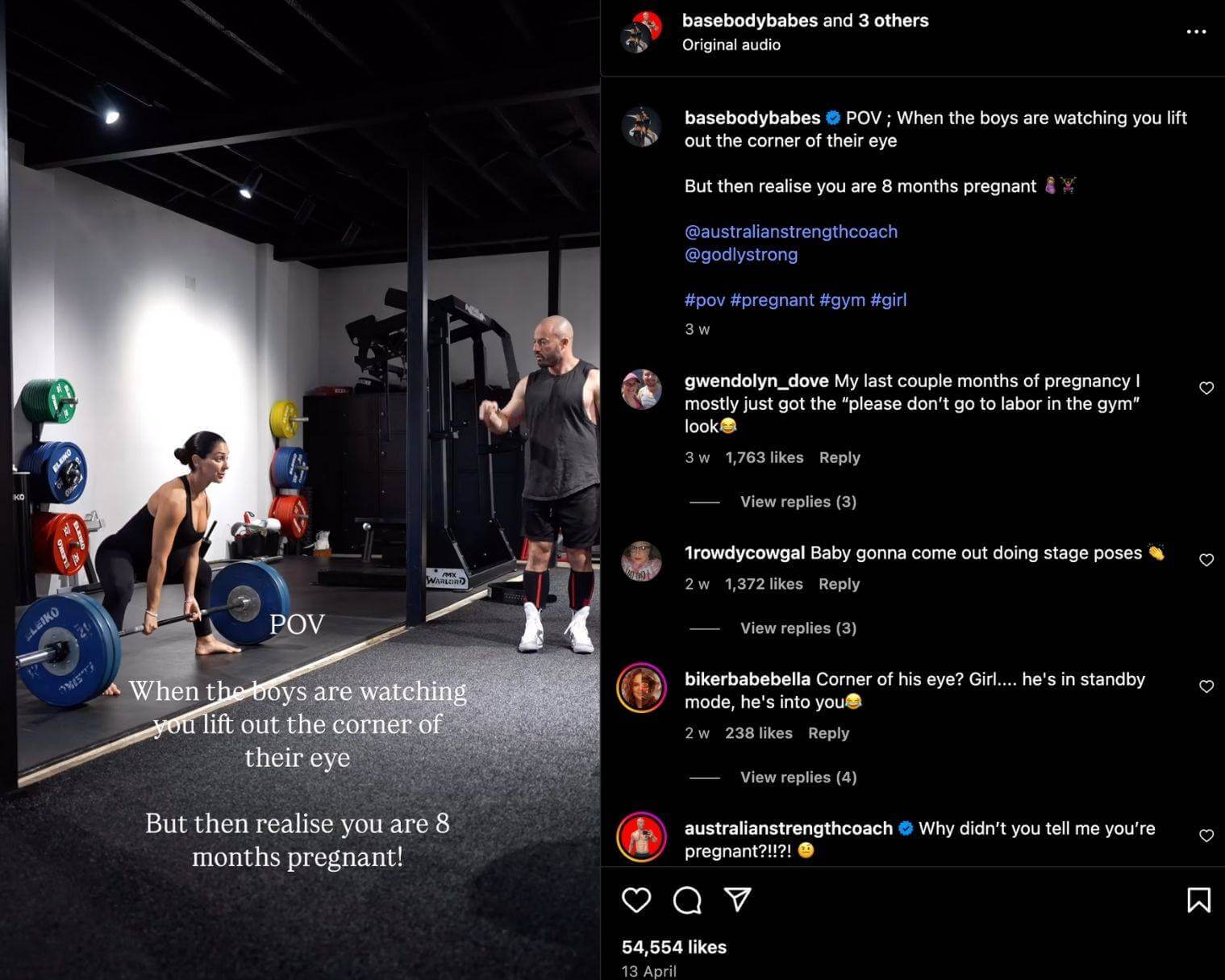 Base Body Babes share an Instagram Reel of Felicia lifting weights in the gym at 8 months pregnant, with men watching in awe