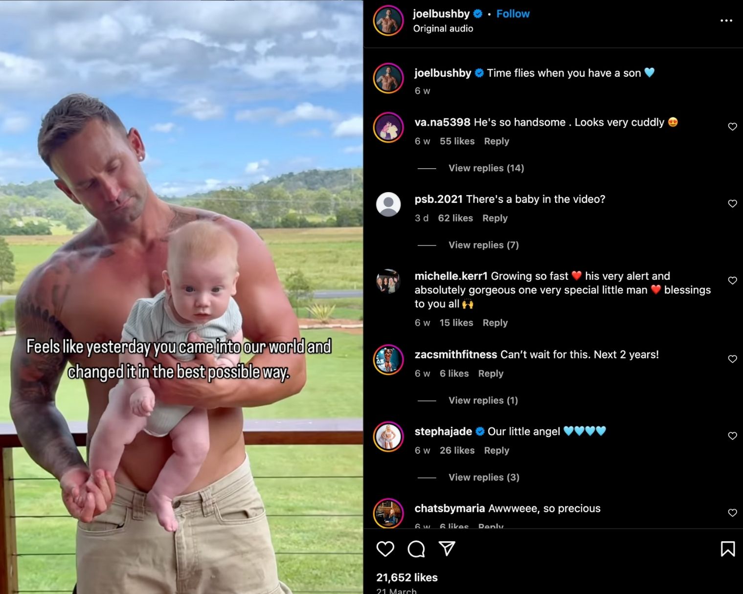  Joel Bushby shares an Instagram Reel holding his infant son and reflecting on the passage of time