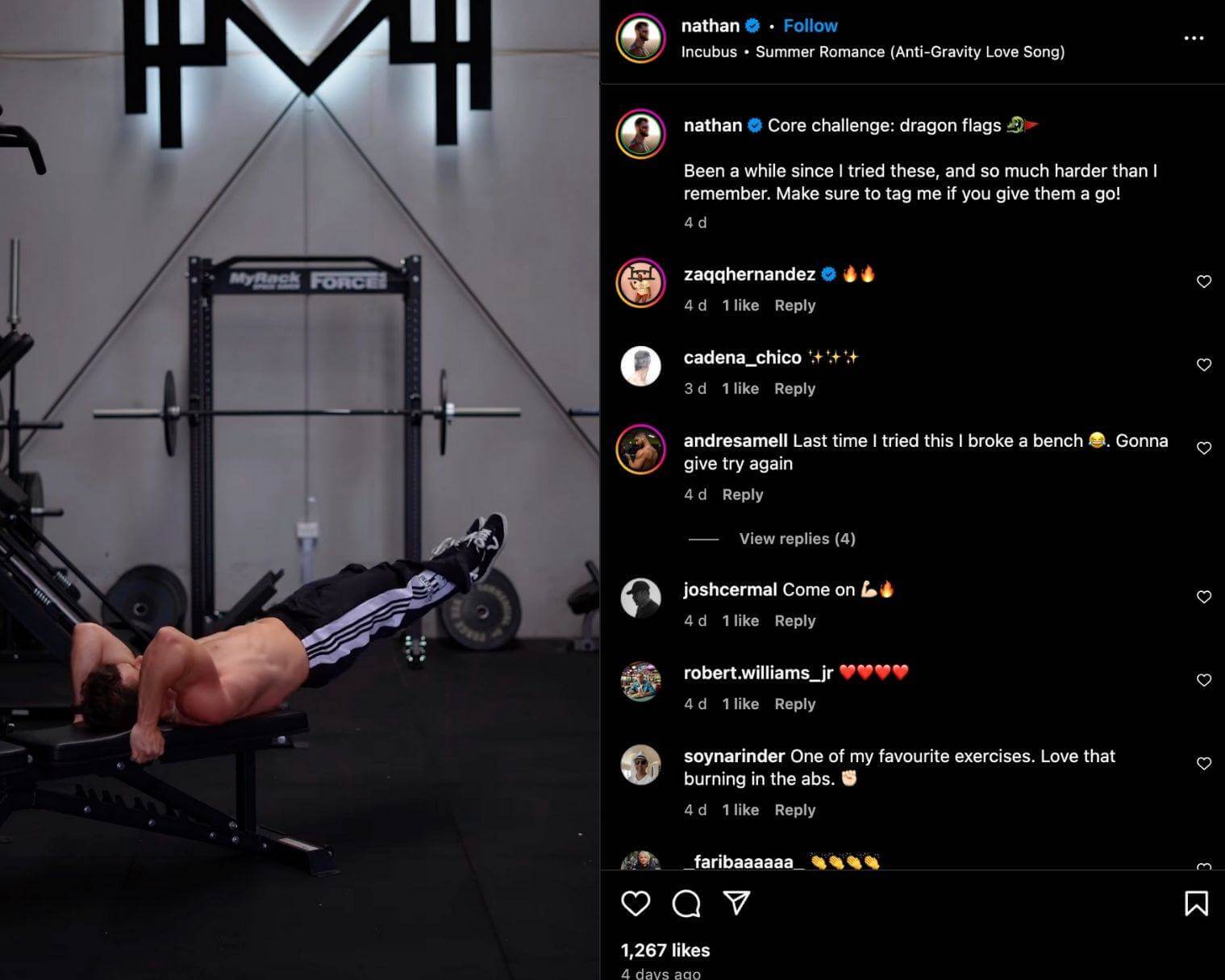 Nathan McCallum shares an Instagram Reel performing a series of ‘dragon flag’ callisthenics movements