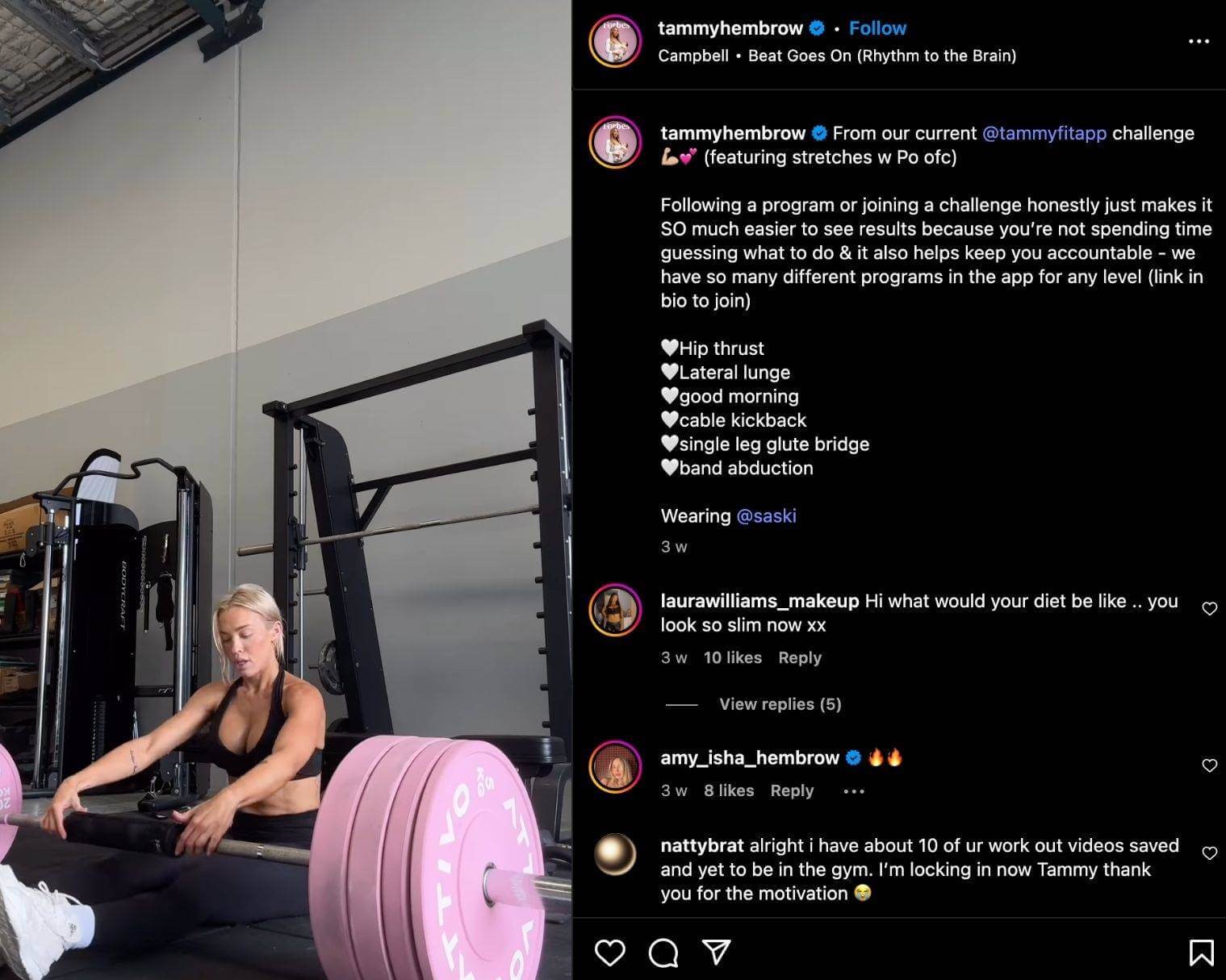 Tammy Hembrow shares a full lower-body workout on Instagram Reels
