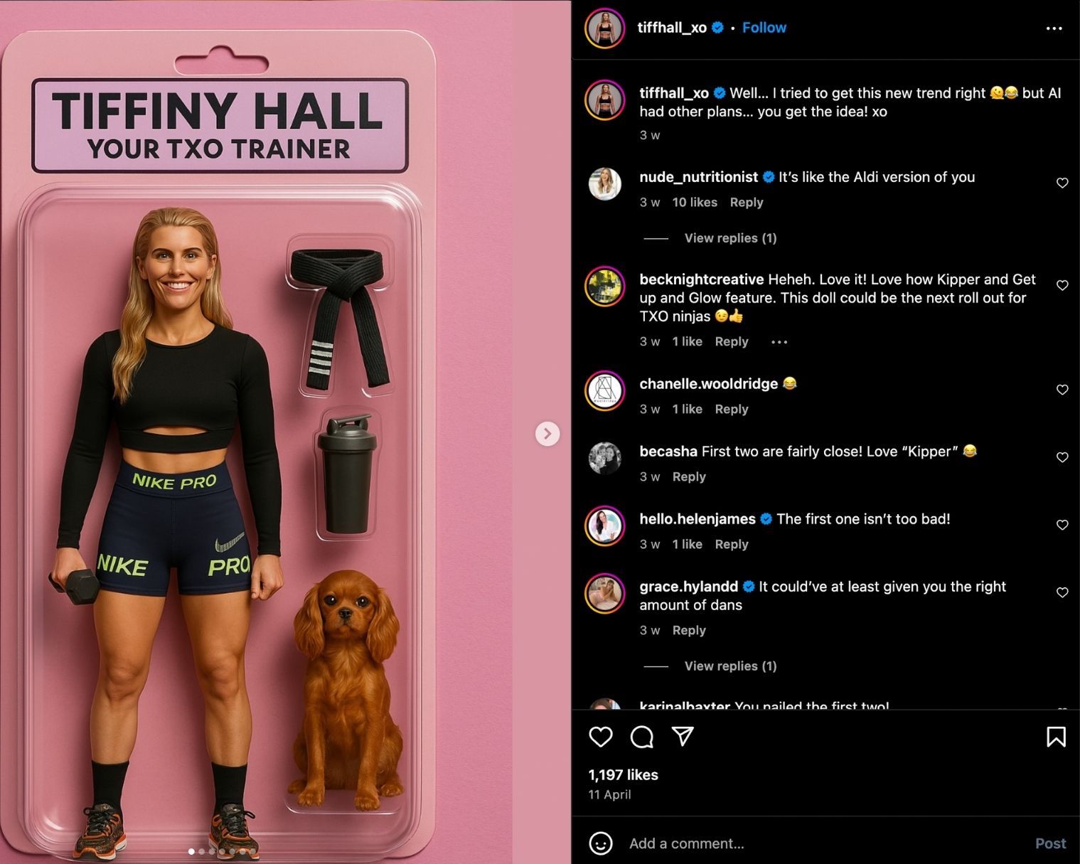 Tiffiny Hall shares an AI rendition of herself as a fitness trainer doll—complete with NIKE Pro shorts—to her Instagram audience