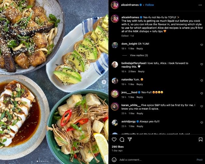 Alice Zaslavsky shares a carousel to Instagram highlighting different ways to cook with tofu