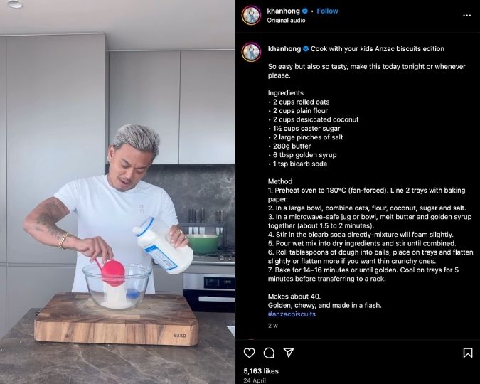 Khanh Ong shares an Anzac biscuit recipe to Instagram Reels