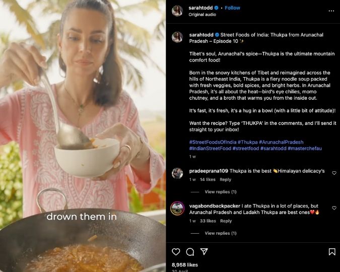 Sarah Todd posts an Instagram Reel demonstrating an Indian street food recipe