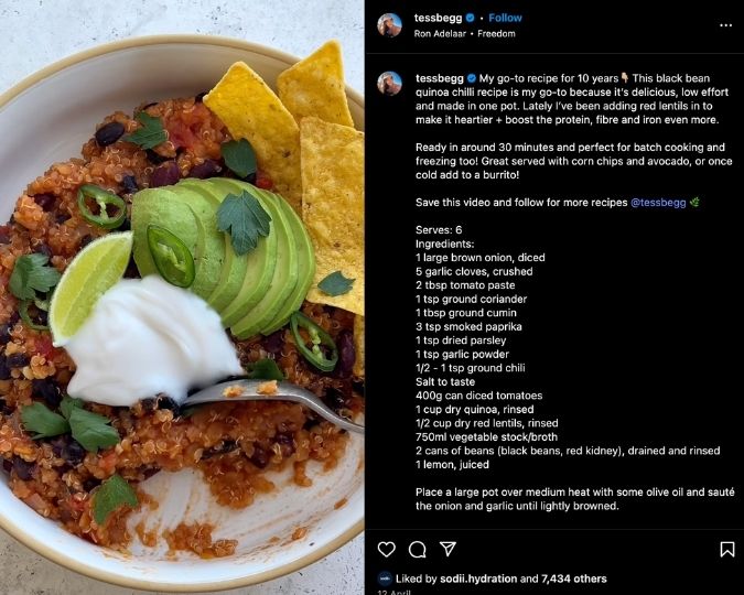 Tess Begg shares a black bean quinoa chilli recipe on Instagram Reels
