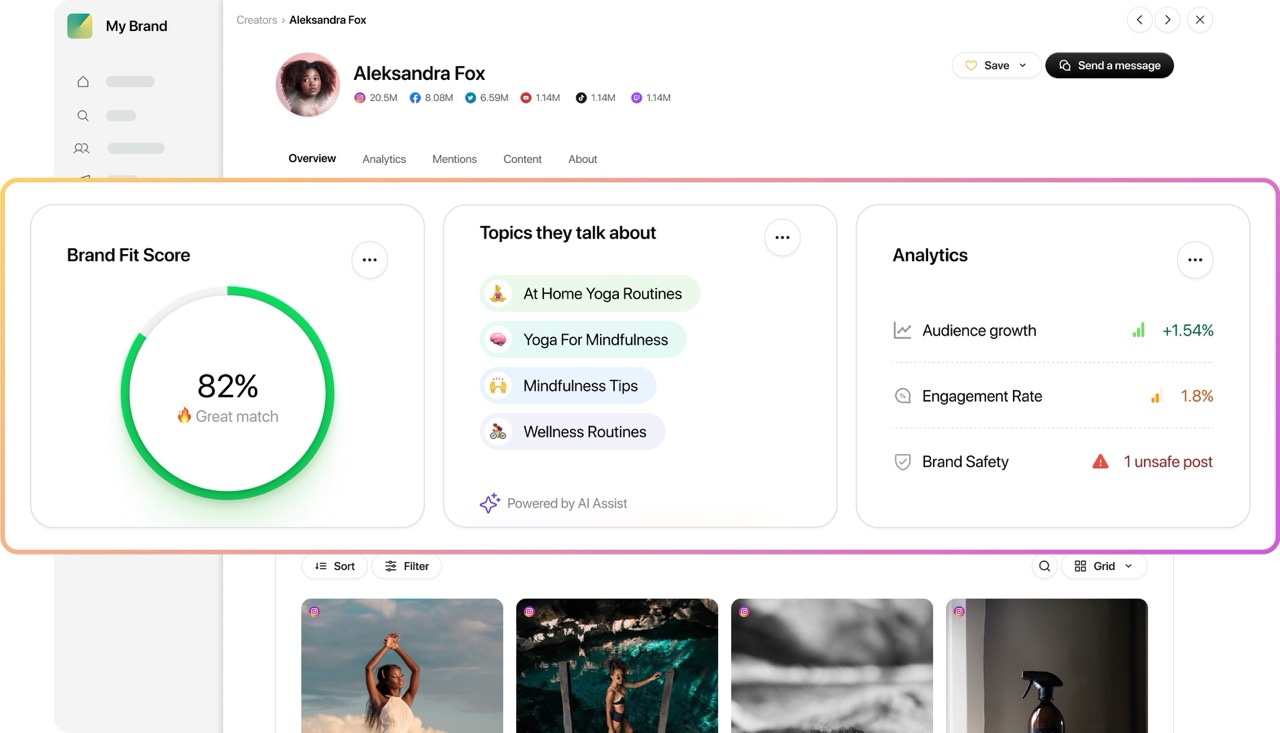 Sprout Social Influencer Marketing's Brand Fit score, which evaluates how well a creator reaches and resonates with your target audience. 