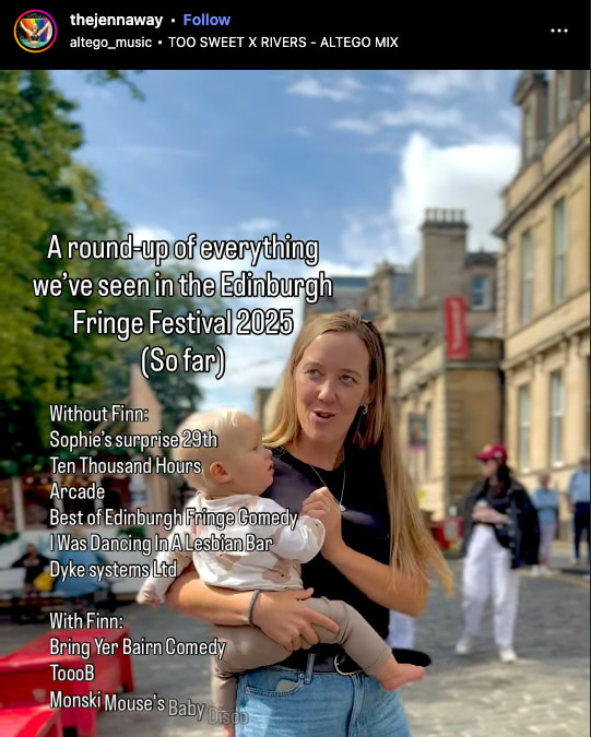 An Instagram reel featuring a woman holding a young boy, standing in an Edinburgh street.