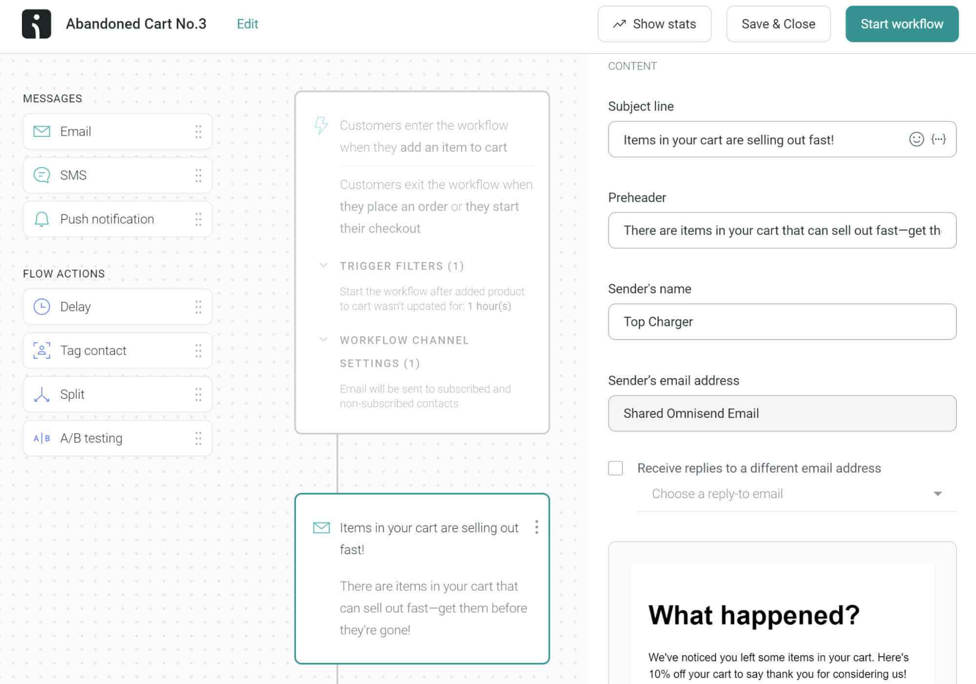 Omnisend’s abandoned cart automation builder shows email, SMS and push notification options with a triggered workflow