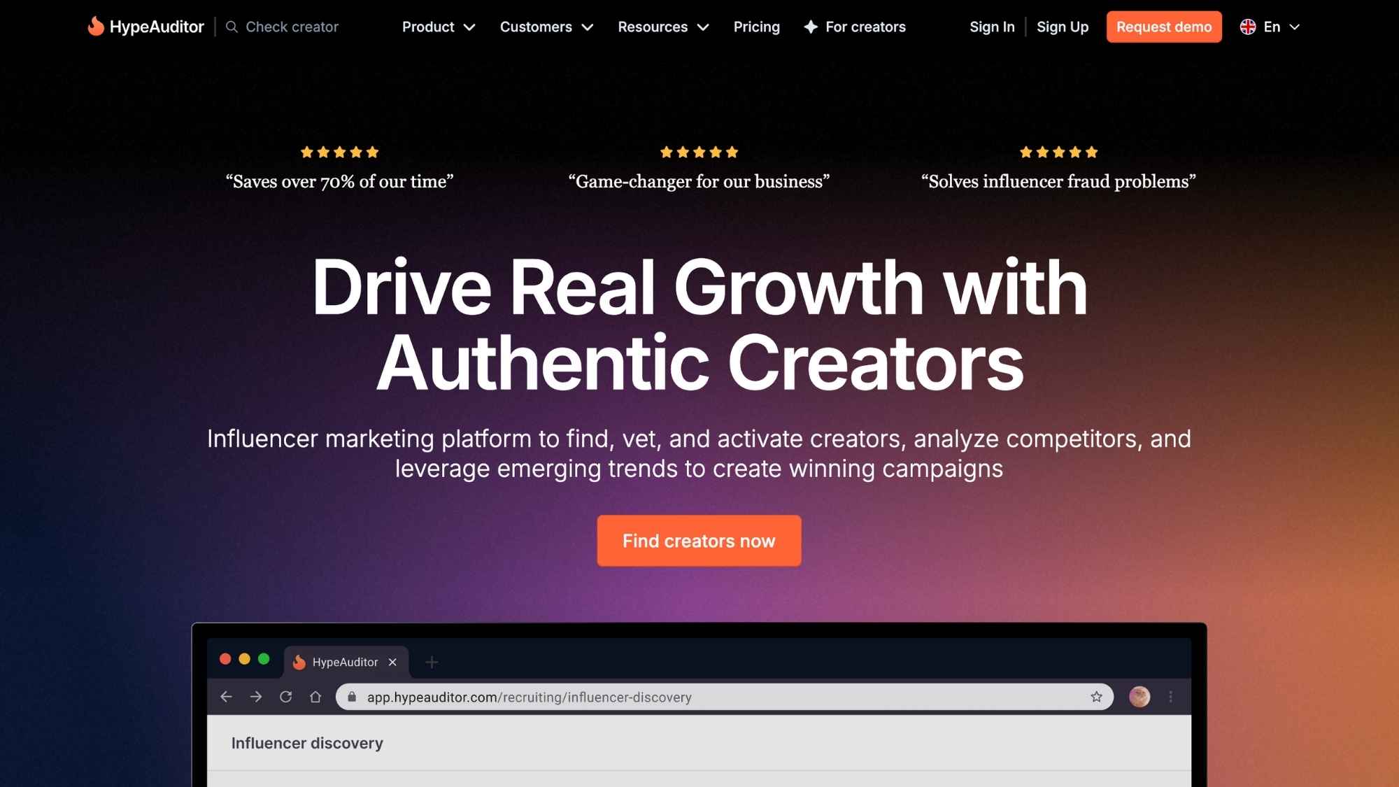 HypeAuditor homepage promoting its AI-powered influencer marketing platform with campaign metrics and reach data