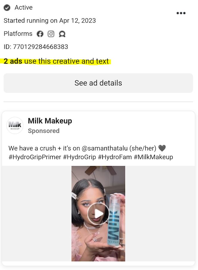 Example of multiple ad creatives on Facebook