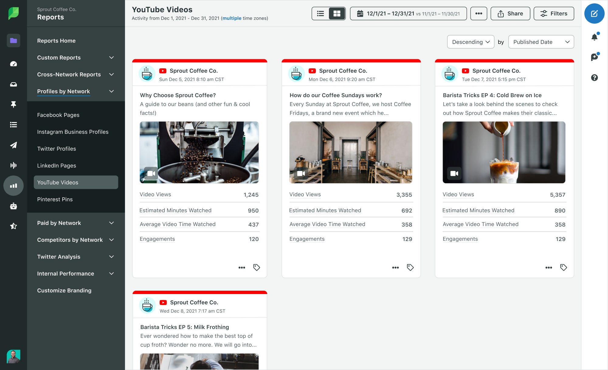 Sprout Reports let you analyze performance of individual YouTube videos.