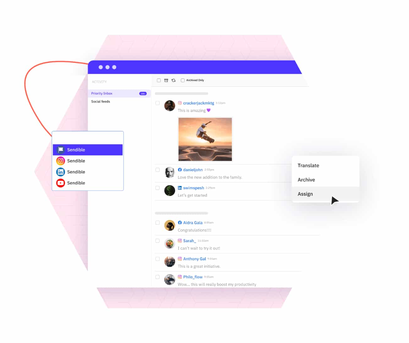 A graphic representing the of the Sendible user interface of its Priority Inbox