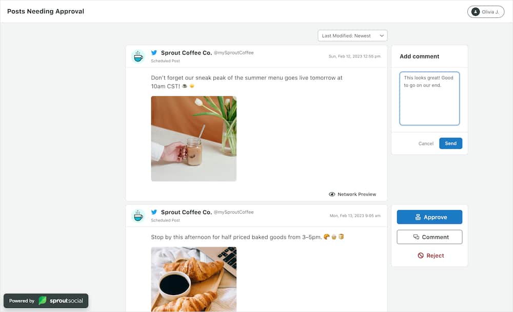 A screen showing two Sprout Coffee Co. Twitter posts requiring approval
