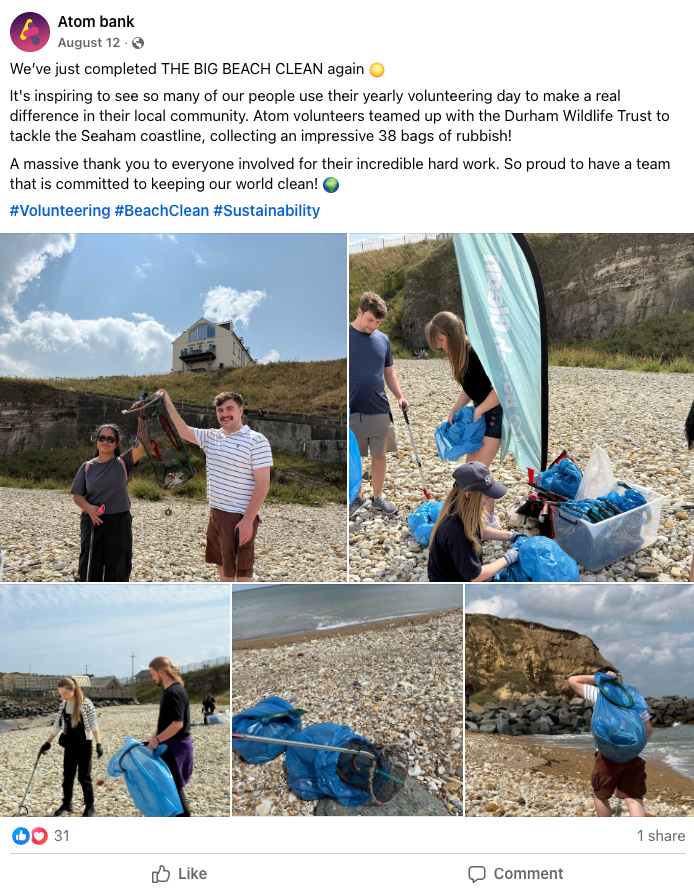 Atom Bank’s Facebook post shows employees on a beach cleanup, collecting rubbish in blue bags 