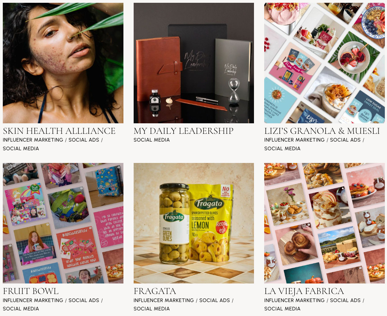 Katie Barber’s social media portfolio shows her range of clients, including Skin Health Alliance, Fruit Bowl and Fragata (Source: Katie Barber Marketing)