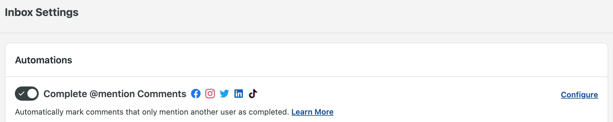 The Inbox Settings page in Sprout Social. The 'Complete @mention comments' option is activated. 