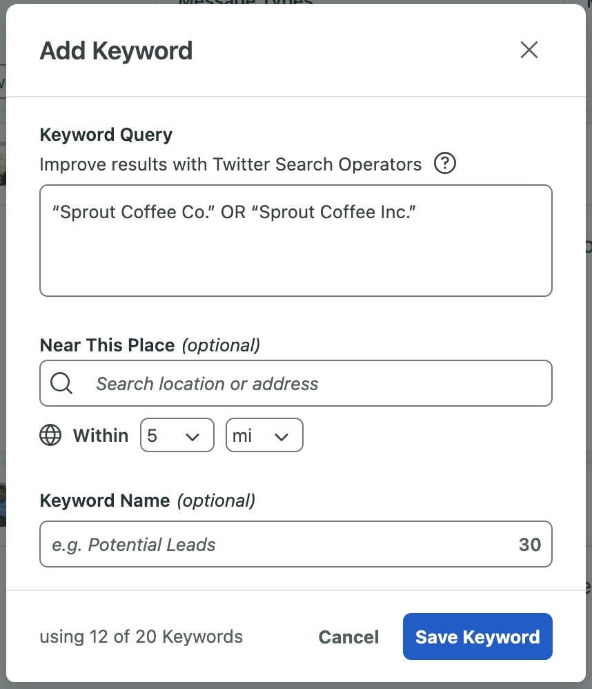 The Add Keyword dialogue box from Sprout Social. This allows users to add new Brand Keywords to their Smart Inbox. 