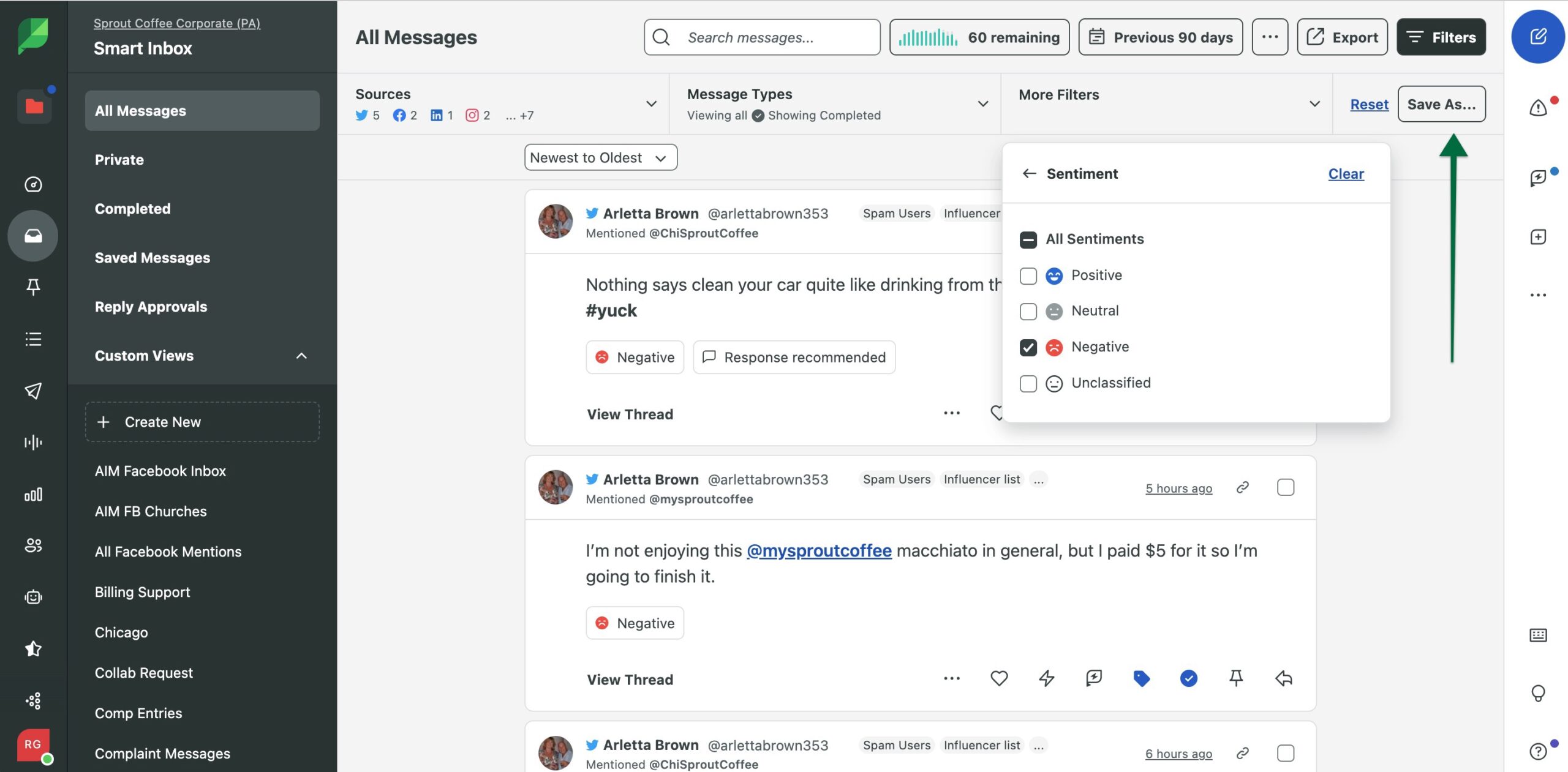 The Sprout Social Smart Inbox, filtered to only show messages with negative sentiment. The option to save this Inbox View is highlighted. 