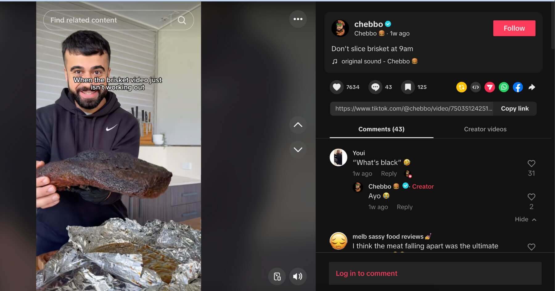 TikTok screenshot of Chebbo sharing a beef brisket cooking fail with his followers