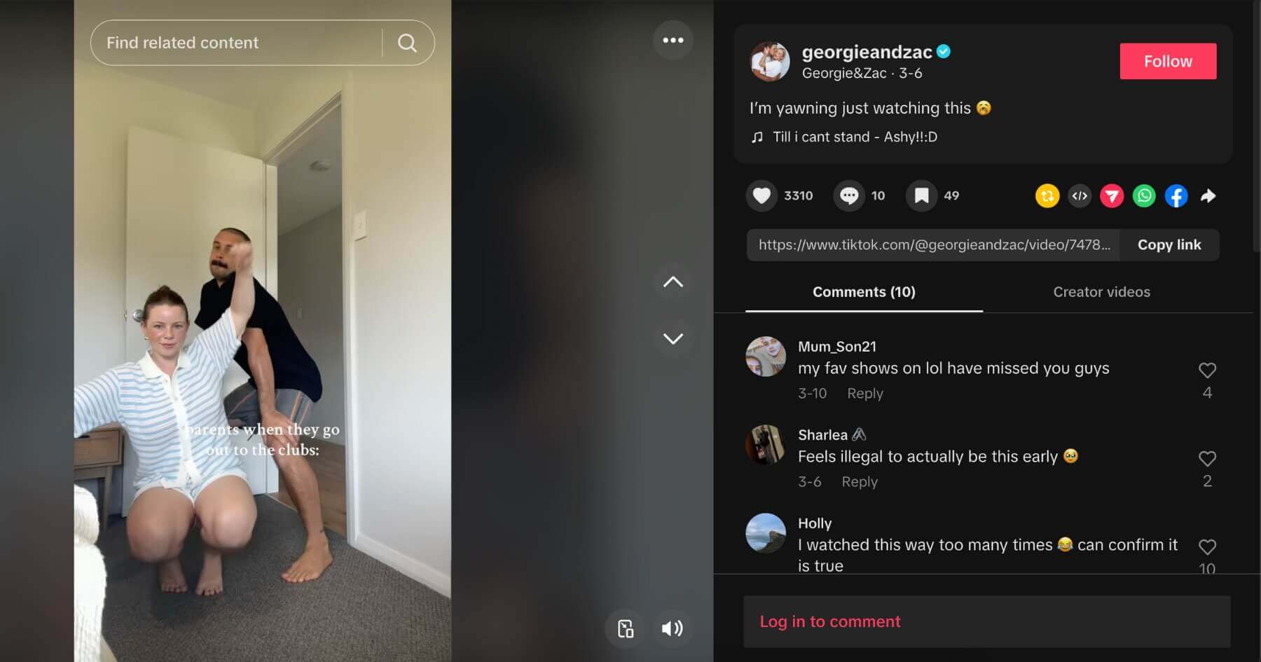 Georgie and Zac TikTok screenshot dancing in their bedroom