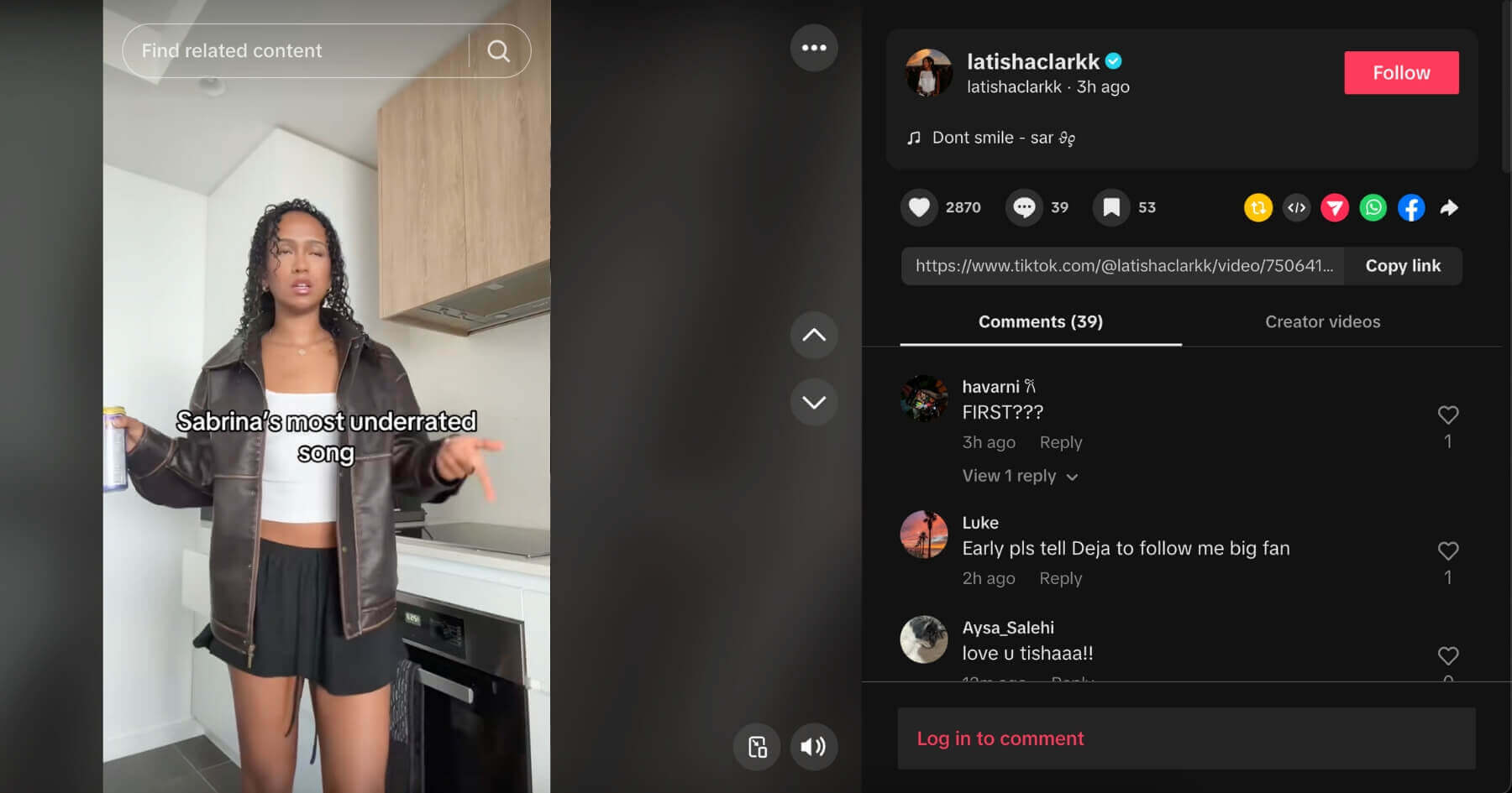 Latisha Clark TikTok screenshot doing an outfit reveal to Don’t Smile by Sabrina Carpenter