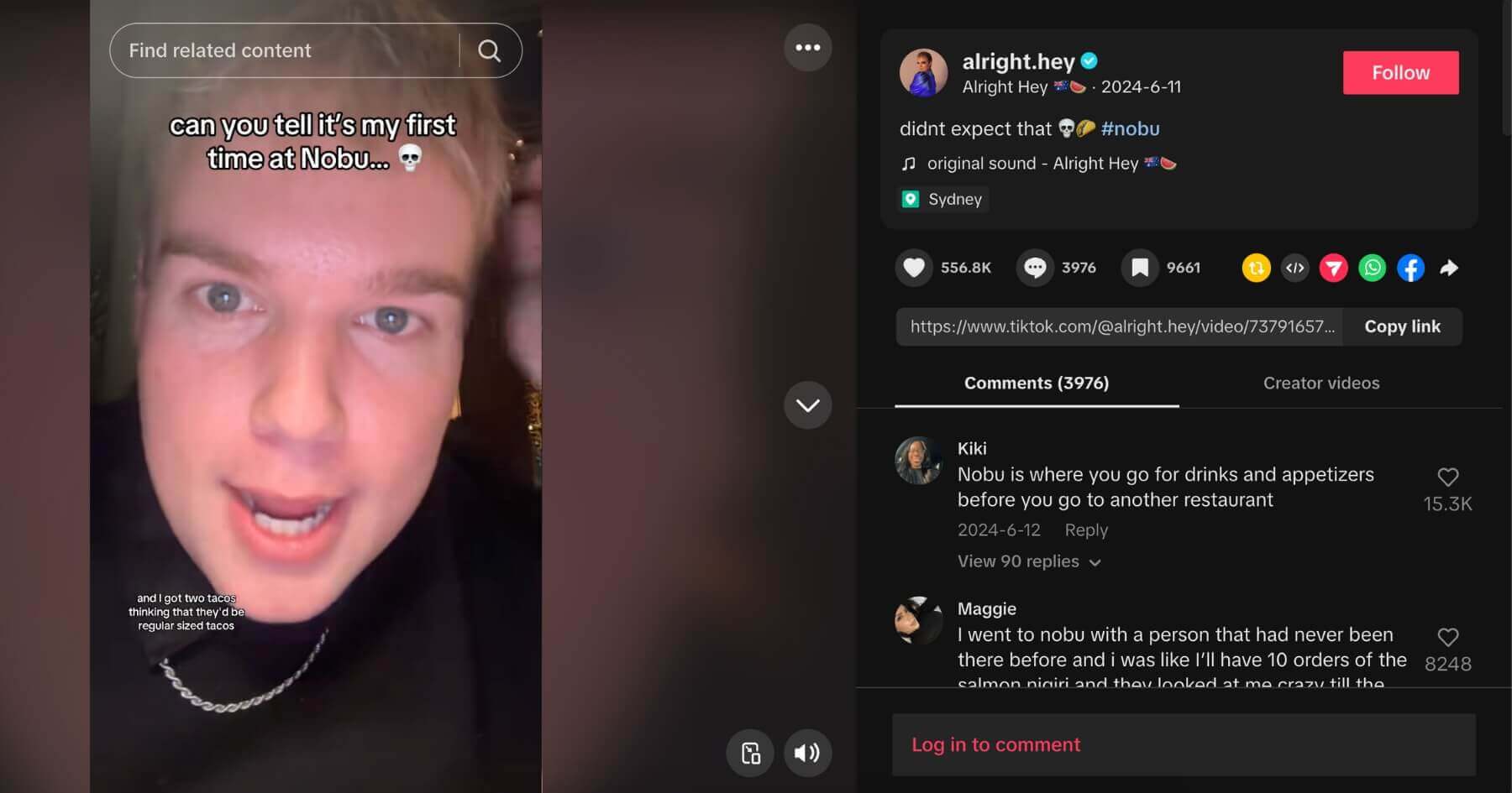 TikTok screenshot of Matt Hey vlogging his first experience at Nobu