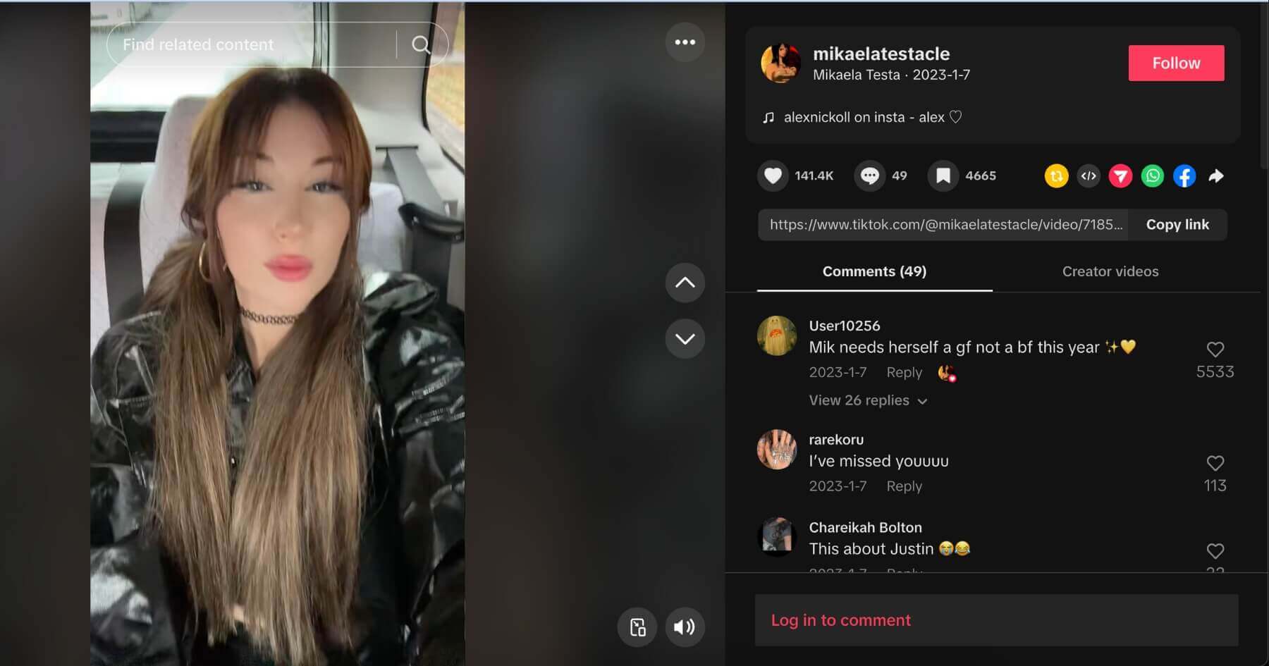 TikTok screenshot of Mikaela Testa chatting in the backseat of a car