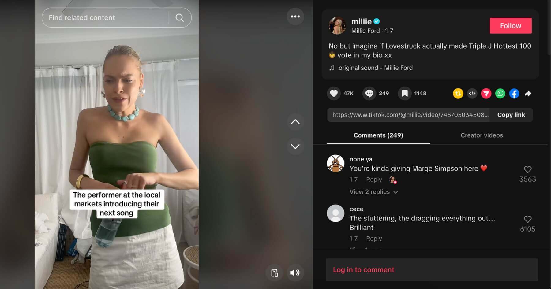 Millie Ford TikTok screenshot impersonating performers at local markets