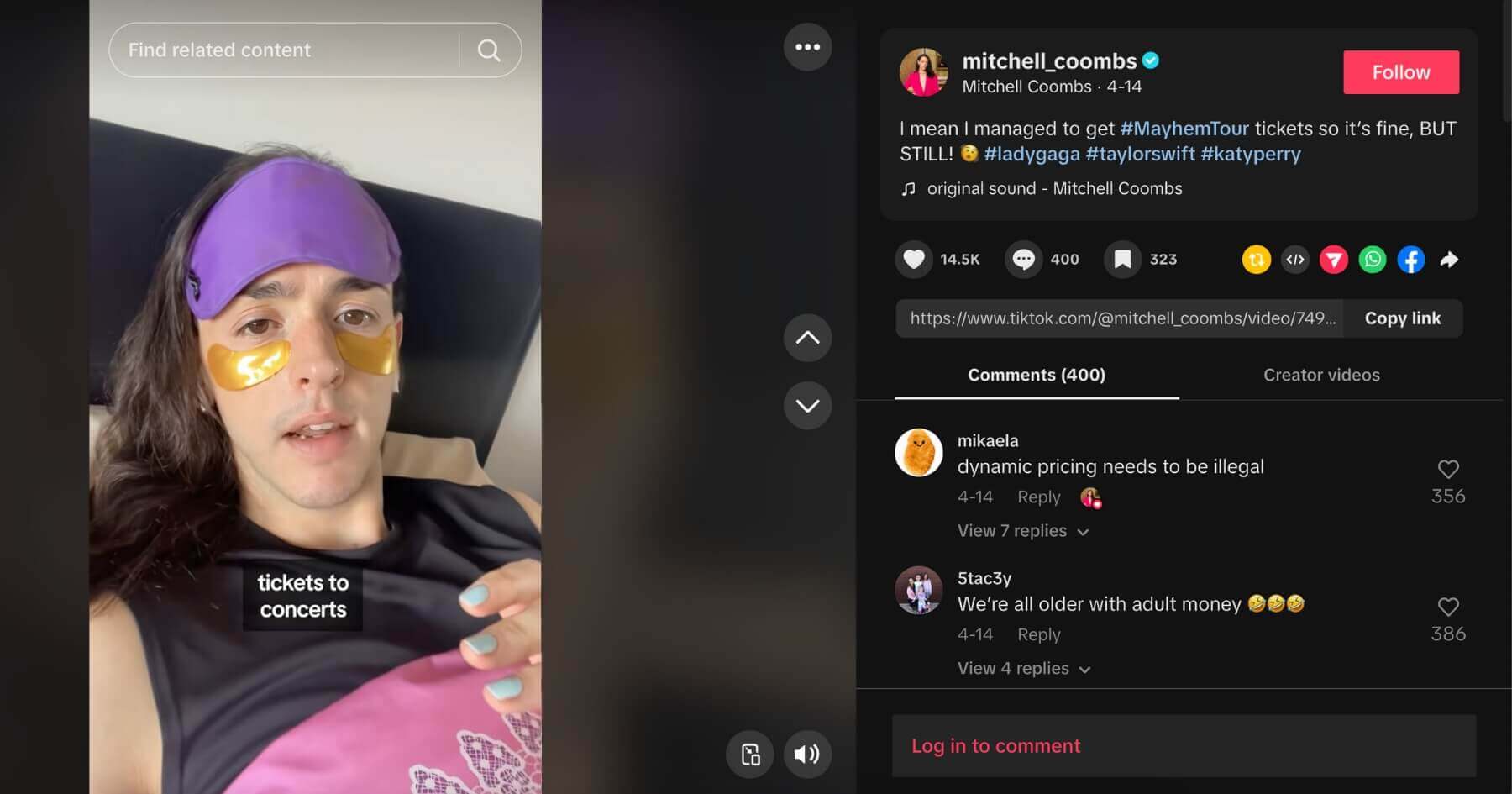 TikTok screenshot of Mitchell Coombs ranting about concert tickets
