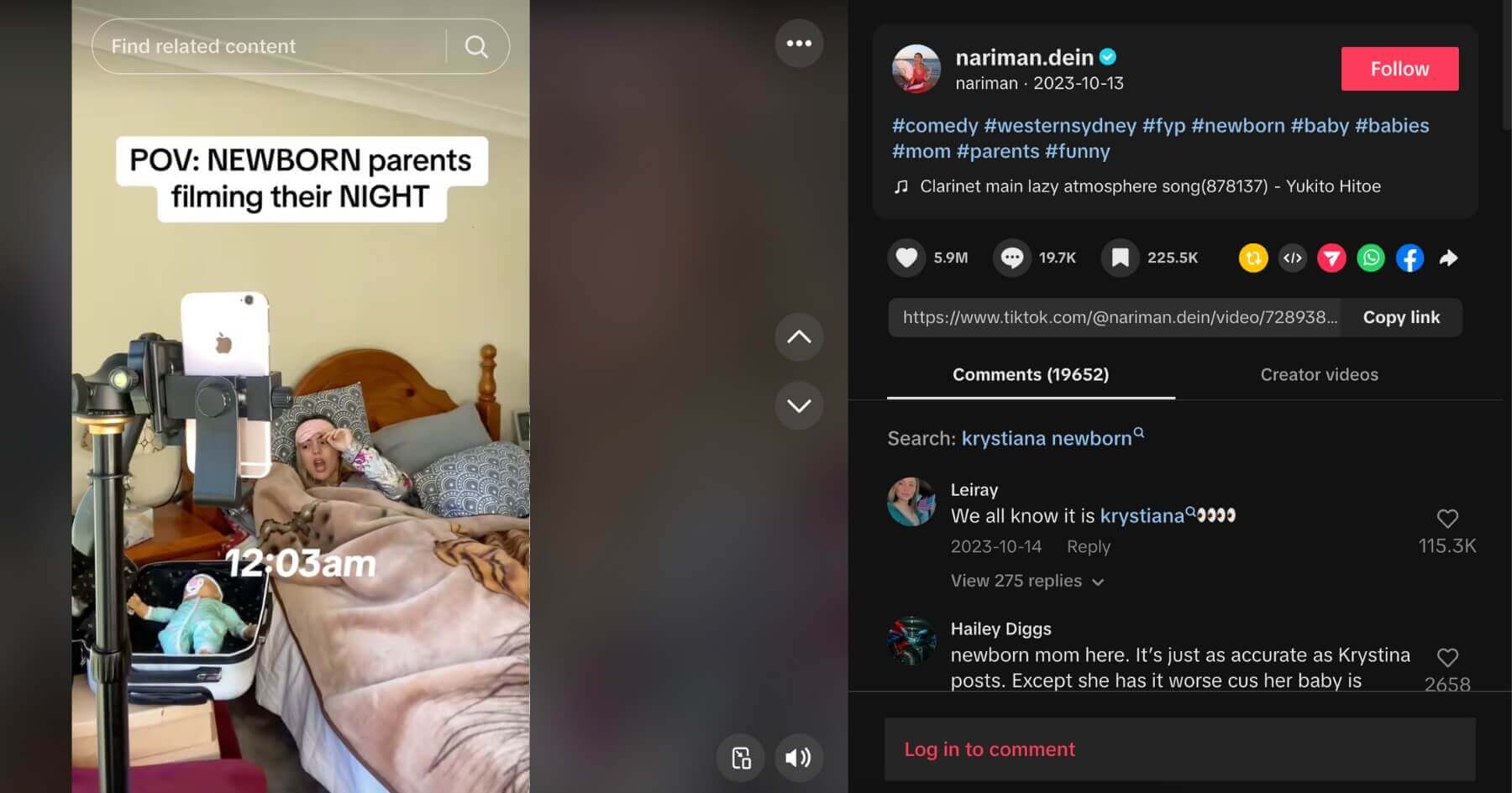TikTok screenshot of Nariman Dein performing a skit on parents of newborn babies