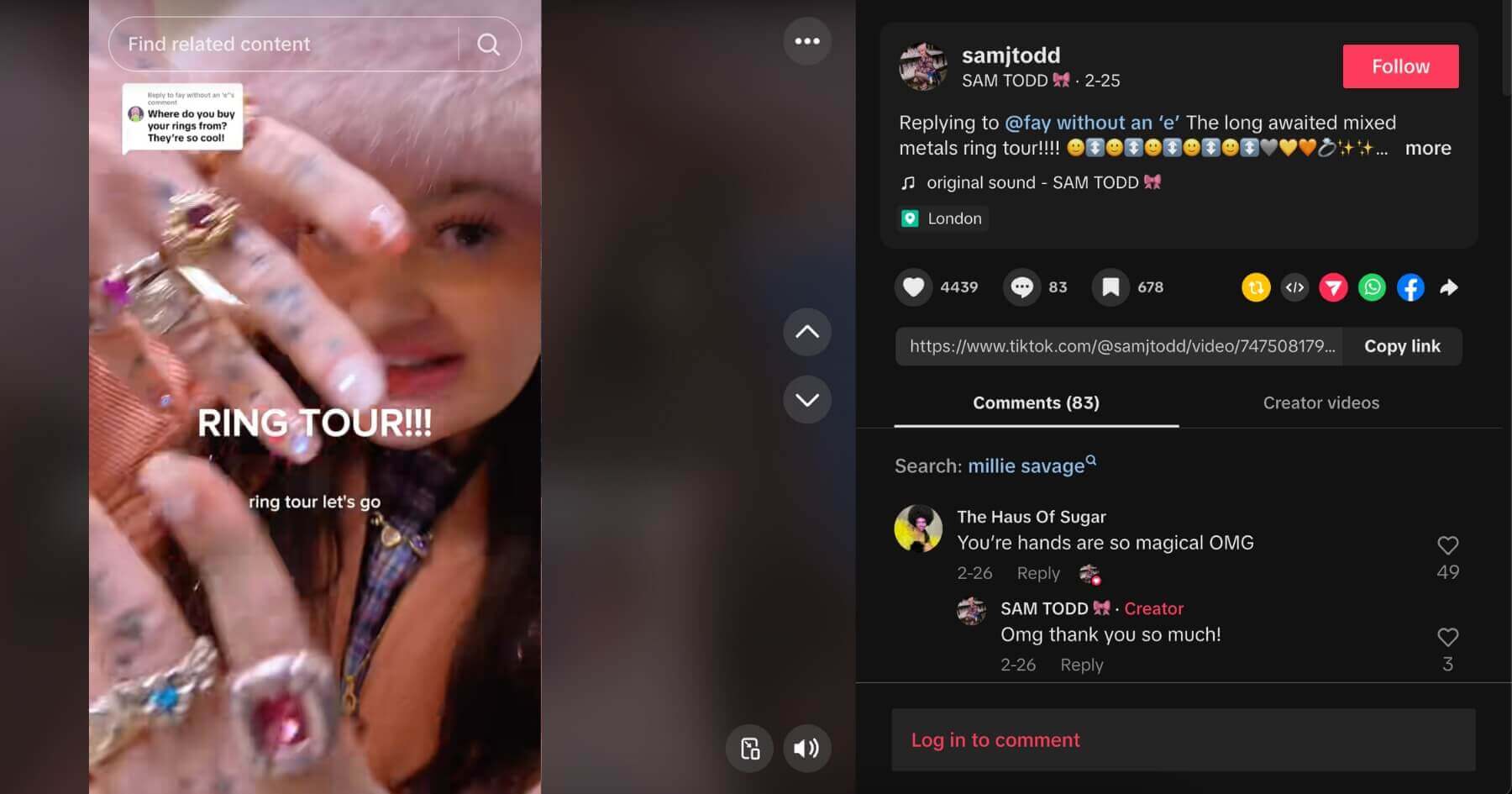 TikTok screenshot of Sam Todd giving her followers a ring tour
