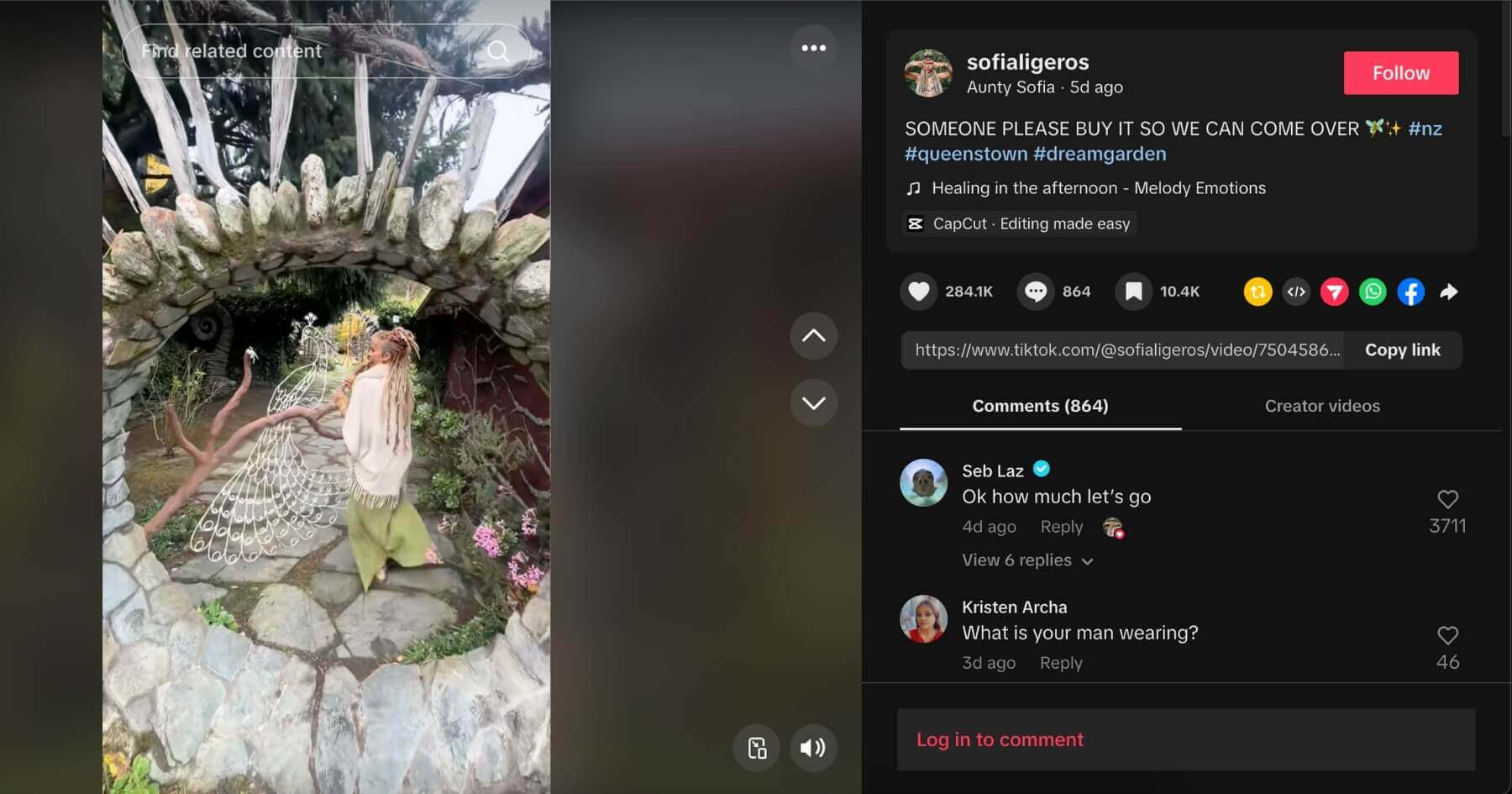 Sofia Ligeros TikTok screenshot showing her followers around the garden of a home in Queenstown