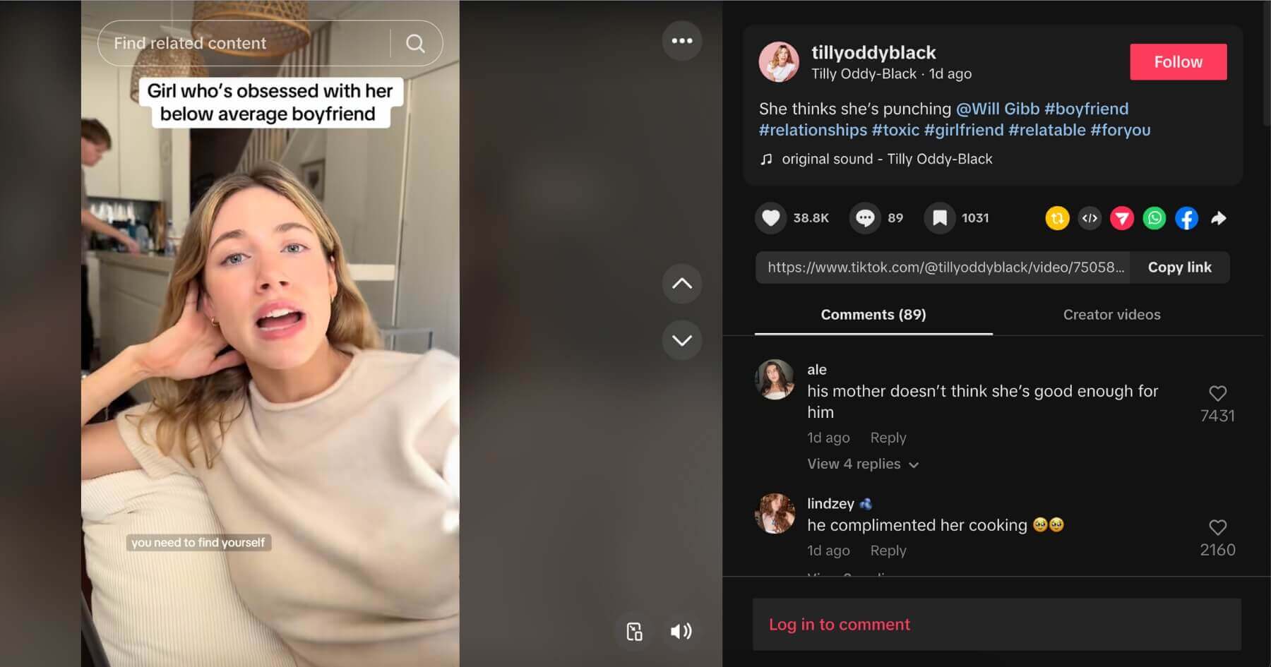 TikTok screenshot of Tilly Oddy-Black performing a skit