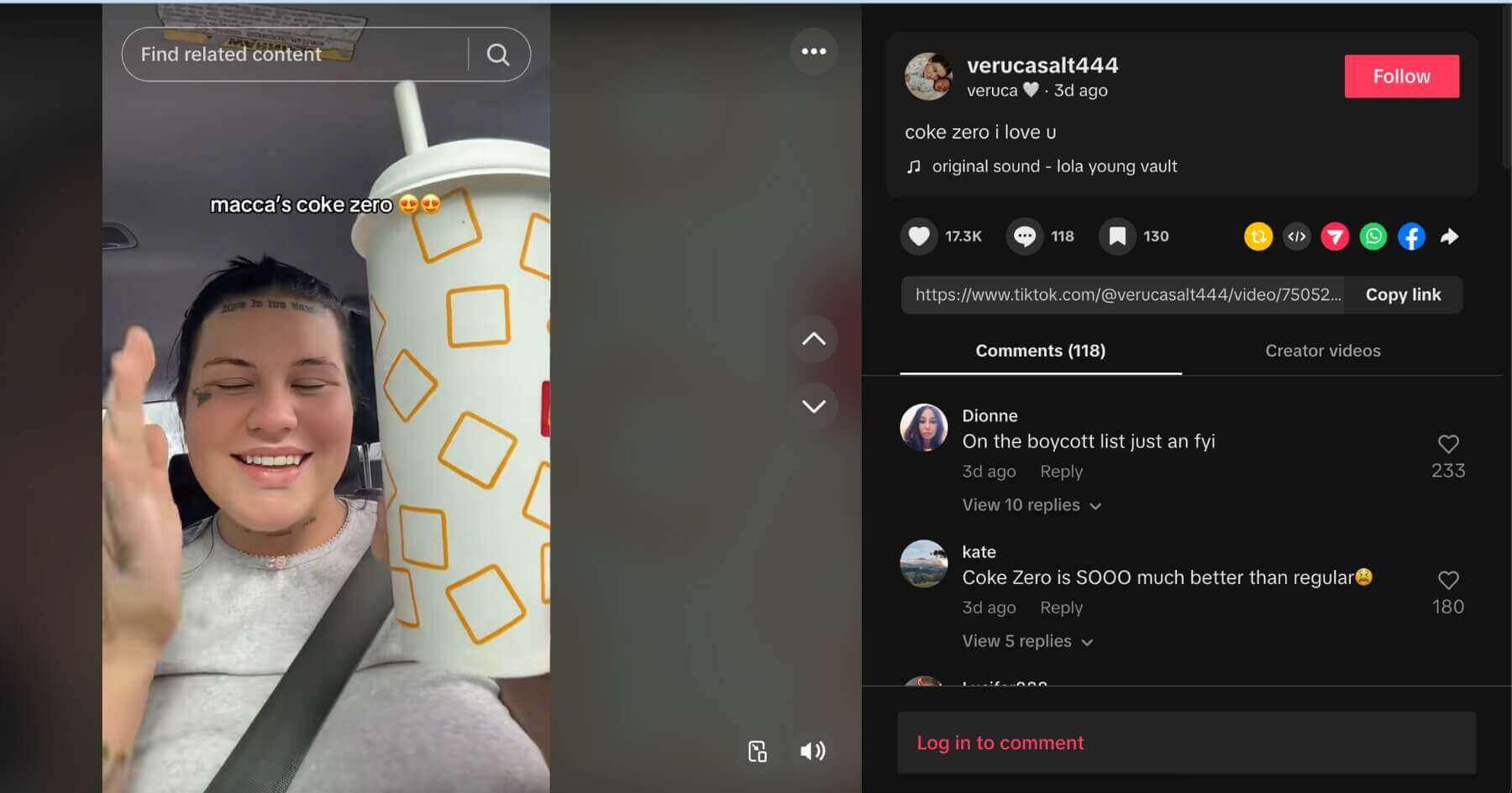Veruca Salt TikTok screenshot drinking a McDonald’s Australia Coke Zero